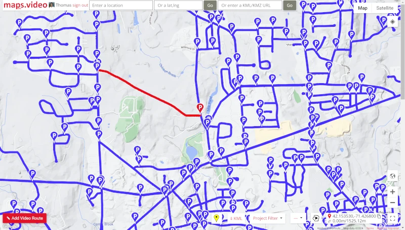 maps.video Windows App screenshot of the map window with Google map of road survey area with video routes lines and markers.