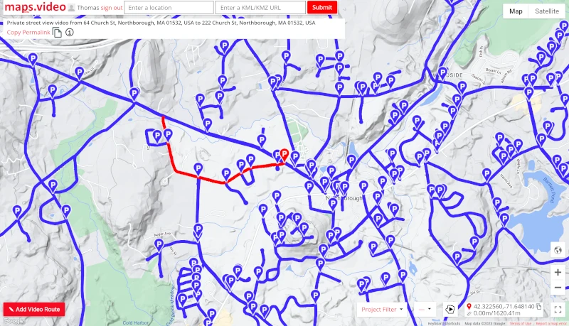 maps.video Windows App screenshot of the map window with Google map of road survey area with video routes lines and markers.