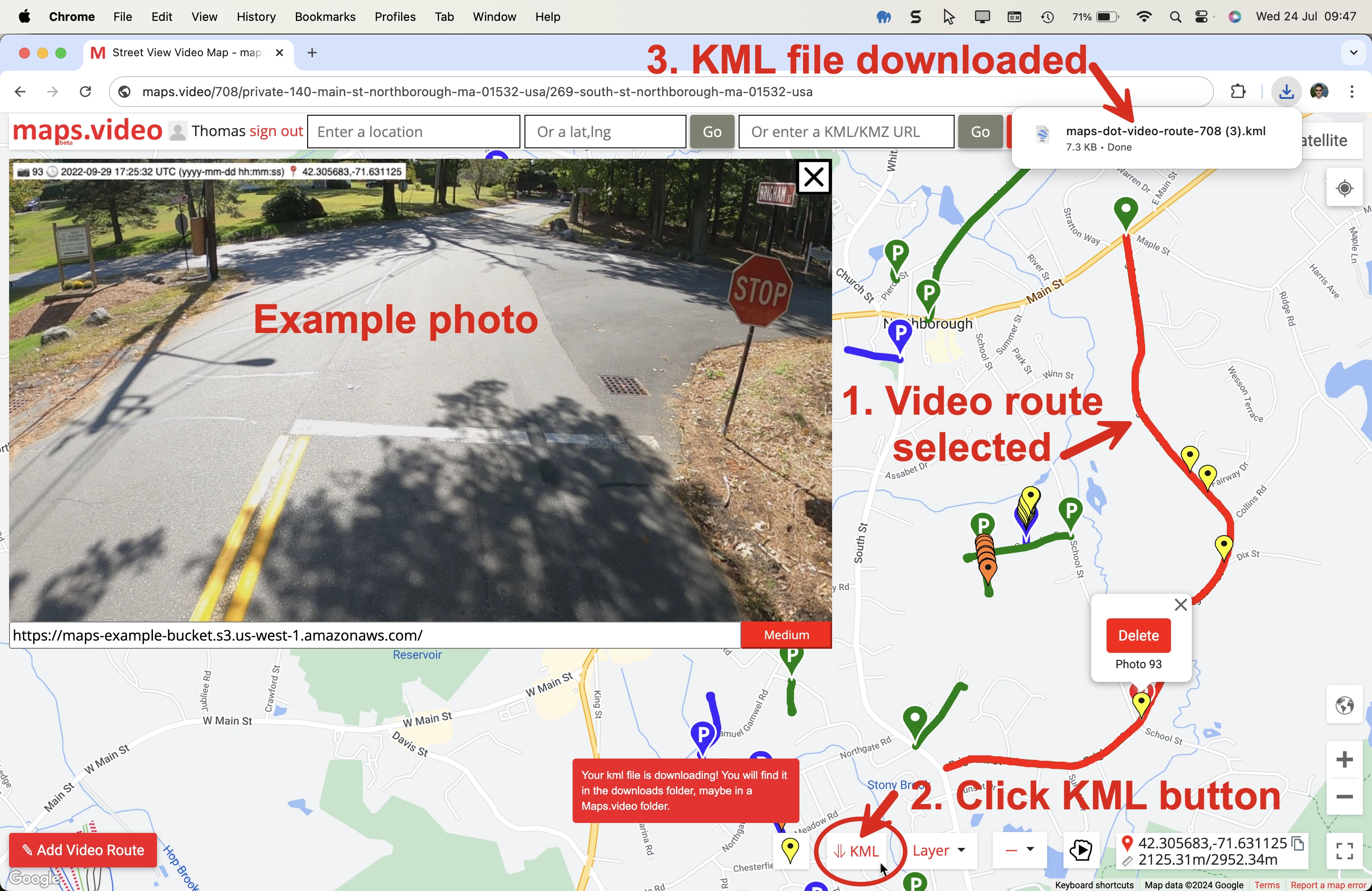 Click the download KML button in the map window (ringed) and the video route will download.