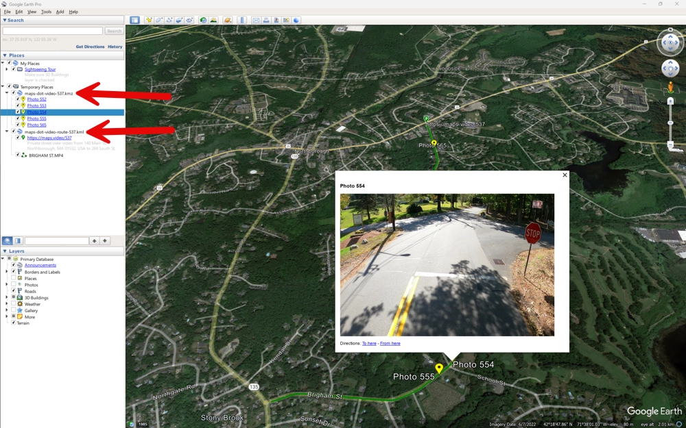 Open the KML and KMZ files in Google Earth or esri ArcGIS.