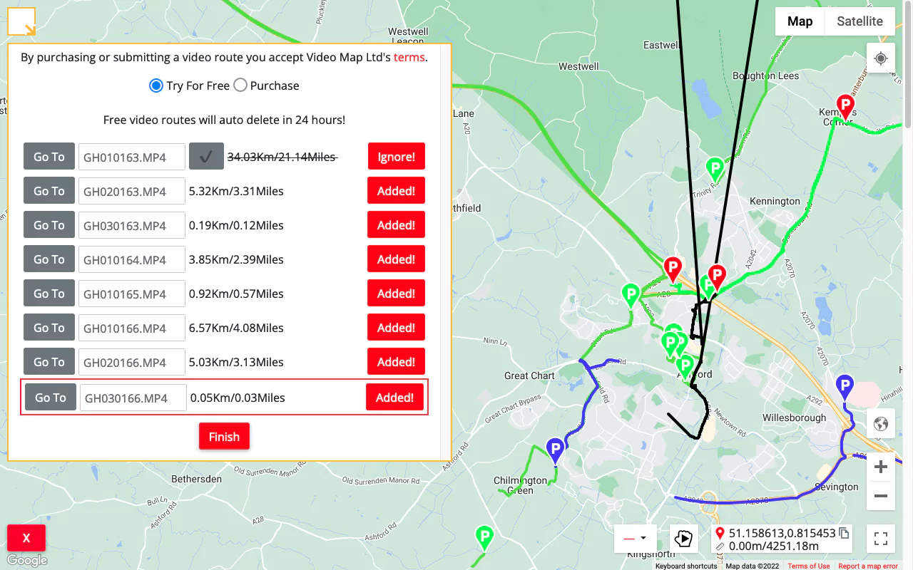 Quickly add all of the rest of the video routes to the map and click Finish. You will be able to view the new video routes right away!