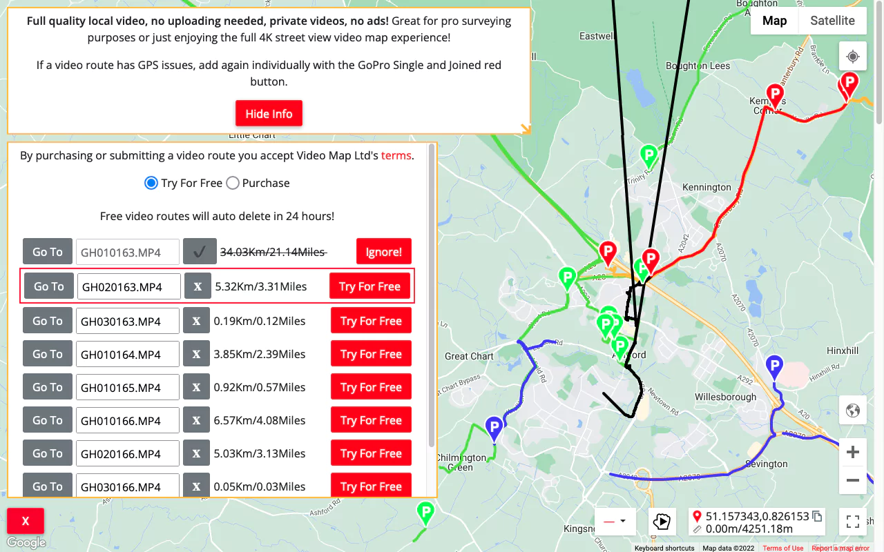 Click the Go To button to select the next video route or alternatively click a red marker.The ignored video route is black.