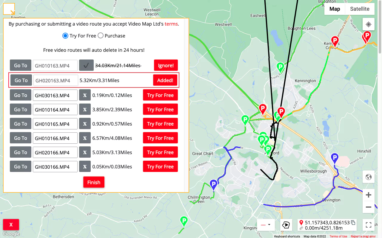 Click the Try For Free button to add the video route to the map. Added video routes are light green.