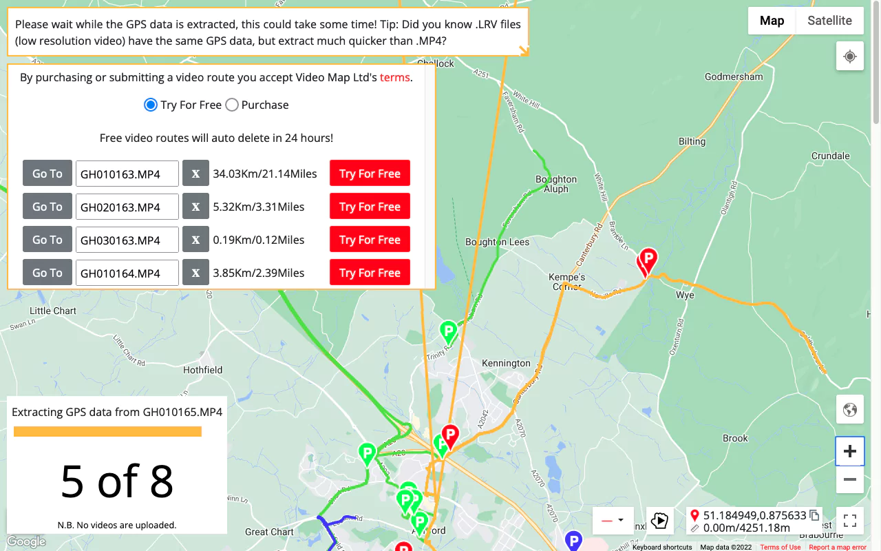 Watch as the GPS data is extracted from multiple GoPro Hero MP4 videos.