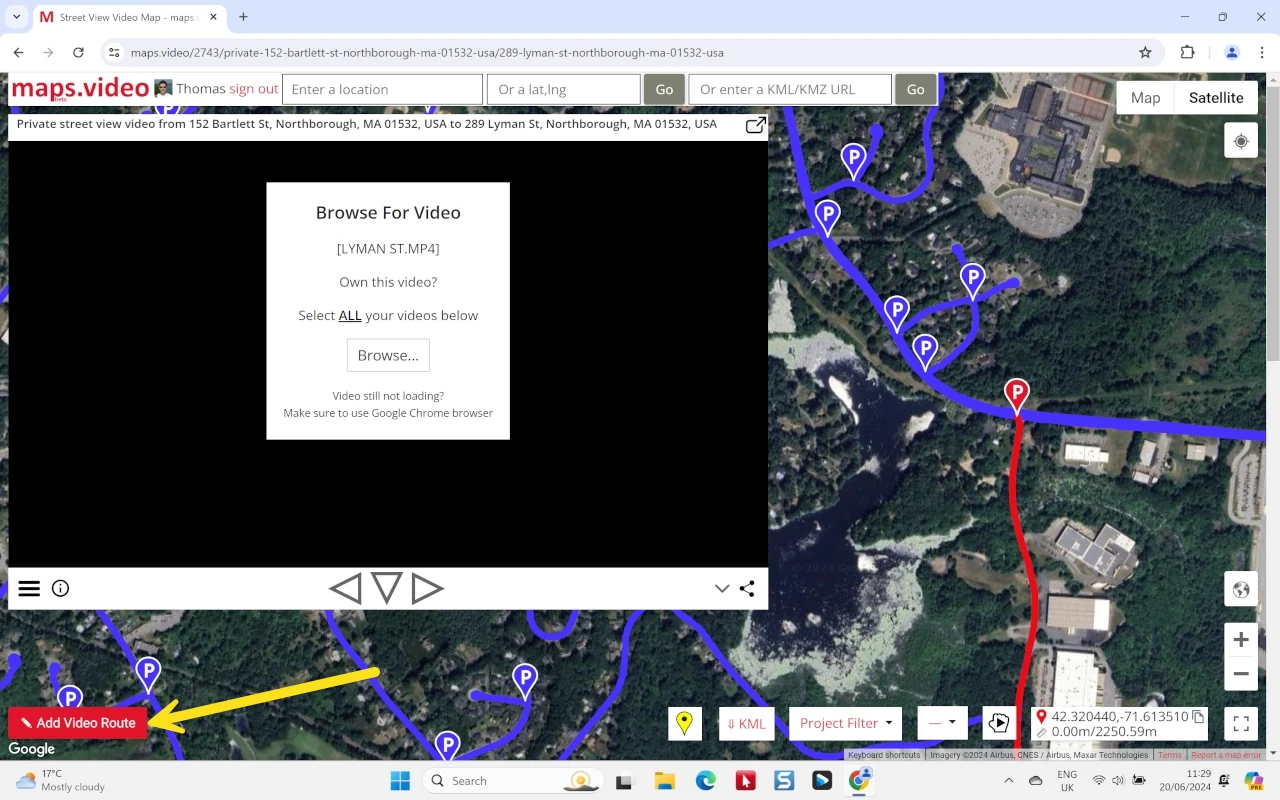 Open the maps.video website map page. Click the Add Video Route bottom left of the map.