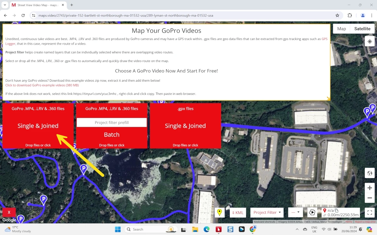 Here we have a single video route to add so click the Single & Joined button and in the file chooser select the original .360 video(s) as the processed .MP4(s) no longer contain the GPS data.