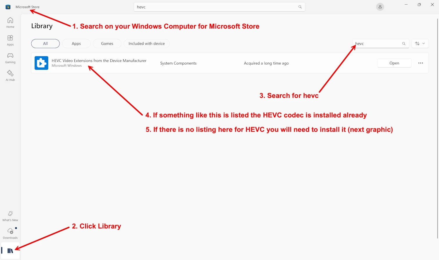 Verify if HEVC codec is installed on Microsoft computer by checking Microsoft Store library