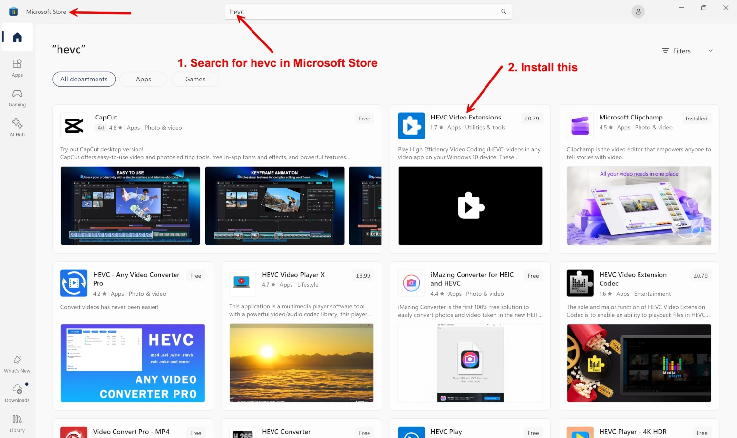 Search Microsoft Store for hevc codec and install