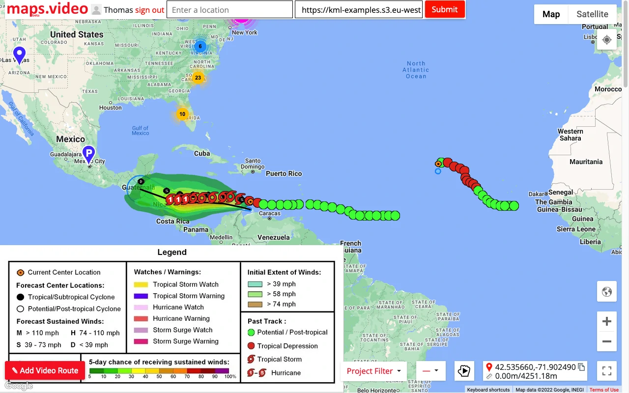 More complex KML/KMZ files can be rendered on the map. Here we have hurricane data in the Carribean.