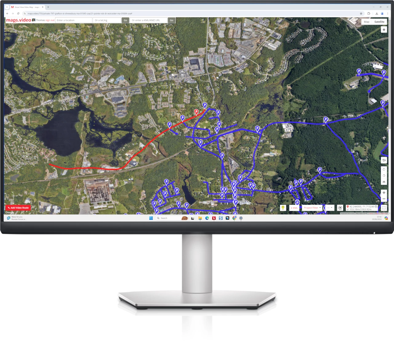 maps.video Windows App screenshot of the map window with Google map of road survey area with video routes lines and markers.