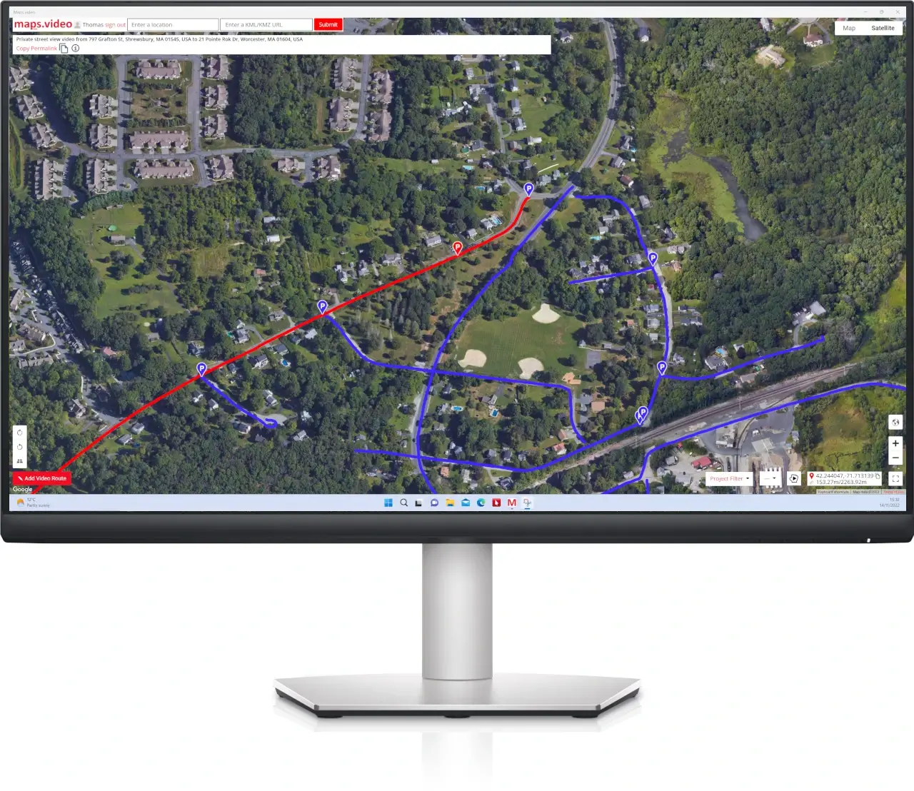 maps.video Windows App screenshot of the map window with Google map of road survey area with video routes lines and markers.