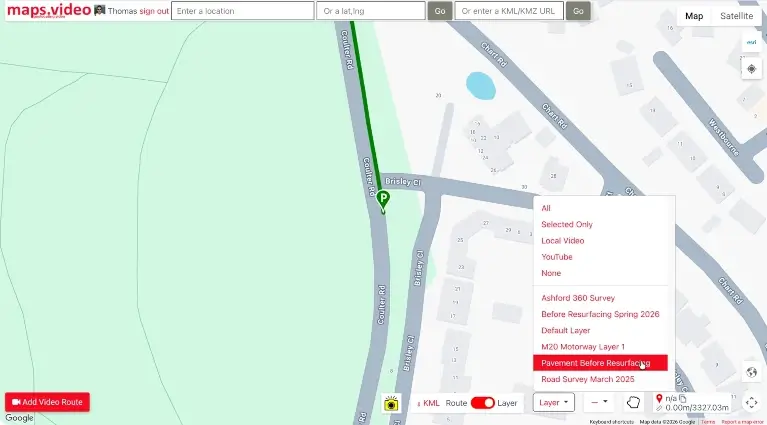 Select a different layer to display only one video route on the map