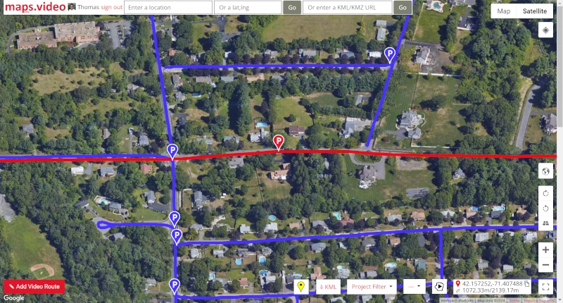 maps.video Windows App screenshot of the map window showing videos routes again satelite imagery.