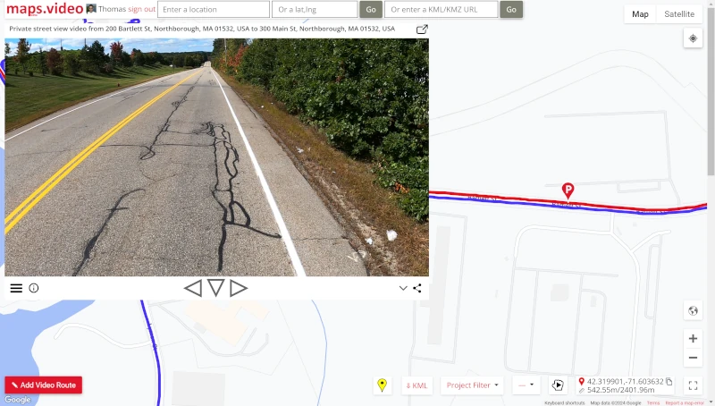 Screenshot of the maps.video website showing the video from a GoPro Hero without added compression or buffering associated with video streaming.