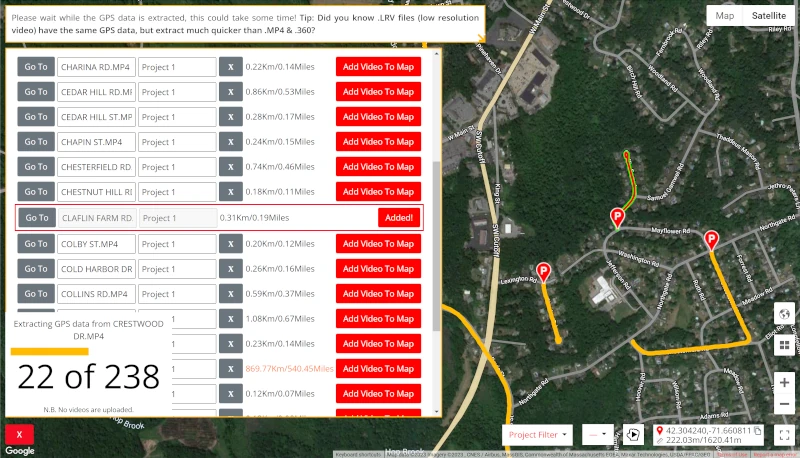 maps.video Windows App screenshot of the map window showing the GoPro batch GPS extract system in action.