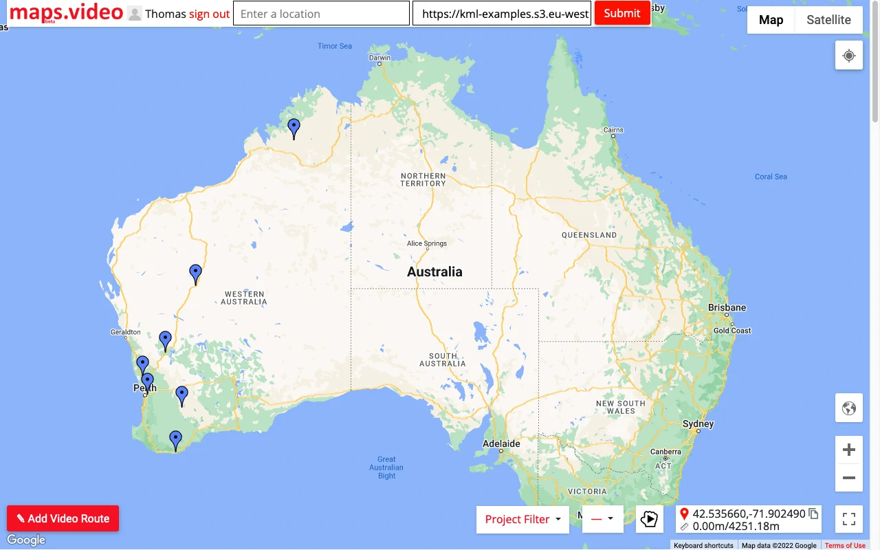 A map of Australia with some KML pins.